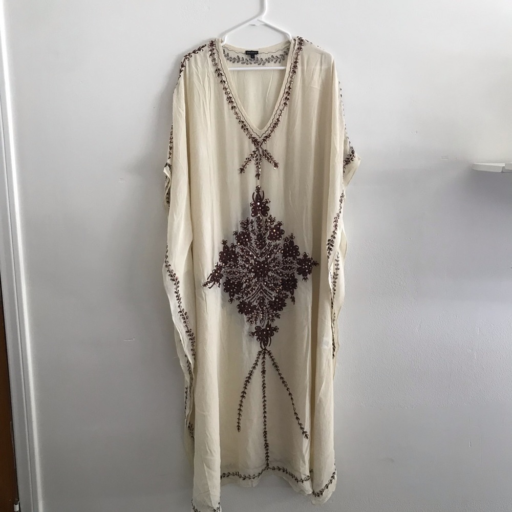 Pas pour toi caftan afghan kimono lagenlook embroidered beaded offwhite brown